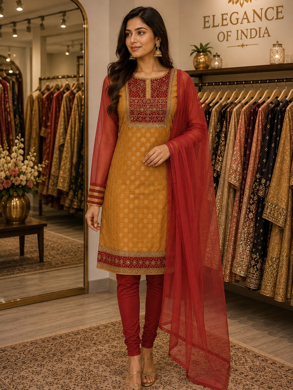 Musturd And Red Churidar 3 Piece Suit